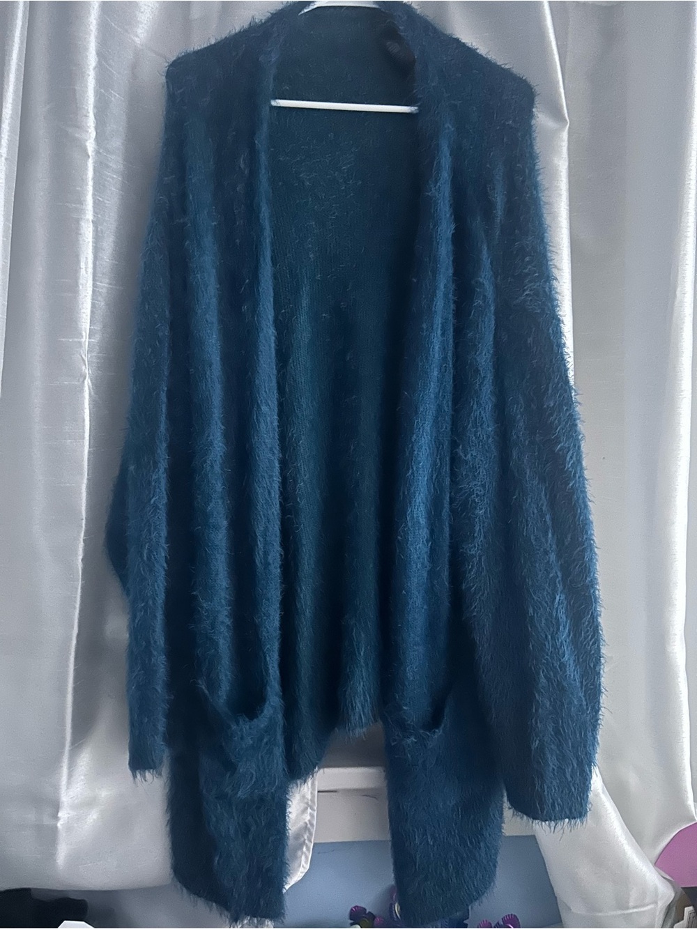 Chelsea & Theodore Fuzzy Open-Front Cardigan - Teal Blue